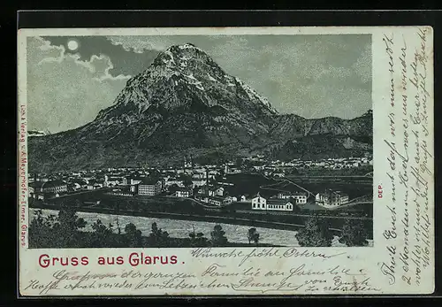 Mondschein-Lithographie Glarus, Teilansicht mit Berg