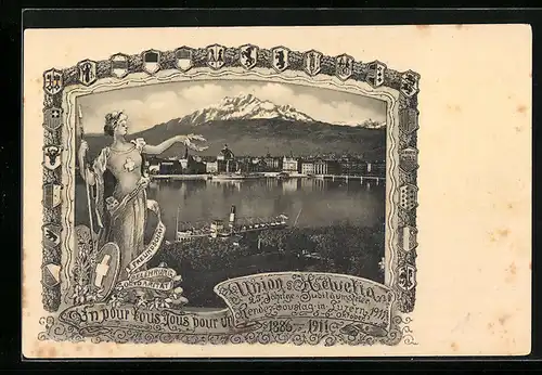 AK Luzern, 25 jährige Jubiläumsfeier Union Helvetia 1911, Uferpartie mit Dampfboot