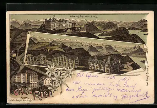 Lithographie Rigi, Schreiber`s Rigi-Kulm Hotels, Hotel und Pension Rigi-Staffel