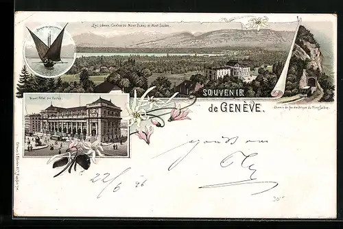 Lithographie Geneve, Nouvel Hotel des Postes, Lac Leman, Chaine du Mont Blanc et Mont Saleve, Strassenbahn