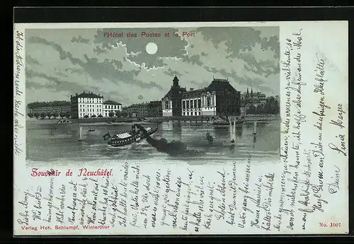 Lithographie Neuchâtel, L`Hôtel des Postes et le Port