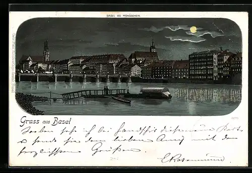 AK Basel, Blick auf den Ort bei Nacht