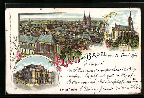 Lithographie Basel, Theater, St. Elisabethenkirche, Gesamtansicht