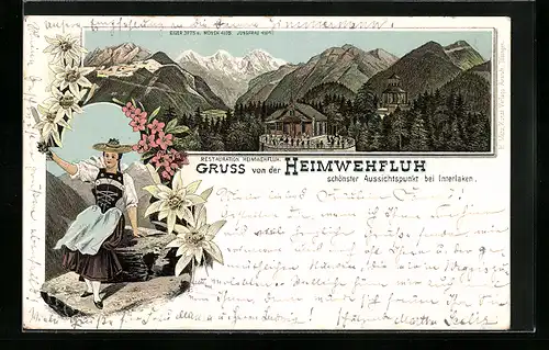 Lithographie Interlaken, Restaurant Heimwehfluh mit Eiger, Mönch und Jungfrau, Frau in Tracht