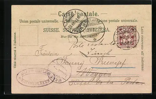 Lithographie Interlaken, Restaurant Heimwehfluh mit Eiger, Mönch und Jungfrau, Frau in Tracht