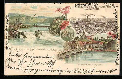 Lithographie Schaffhausen, Ortsansicht mit Munoth, Rheinfall mit Viadukt, Hoffmanns Stärkefabriken Salzuflen