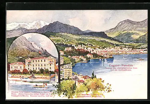 Künstler-AK Ernst Schlemo: Lugano-Paradiso, Pension Villa Carmen u. Riviera Deutsches Haus, Teilansicht