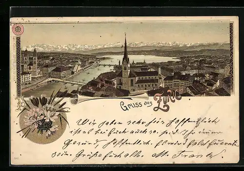 Lithographie Zürich, Teilansicht mit Kirche