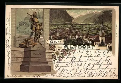 Lithographie Altdorf, Teilansicht, Wilhelm Tell-Denkmal