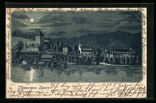 Lithographie Spiez /Thunersee, Uferpartie bei Mondschein