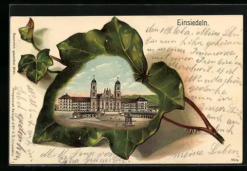 Passepartout-Lithographie Einsiedeln, Ortsansicht in einem Blatt