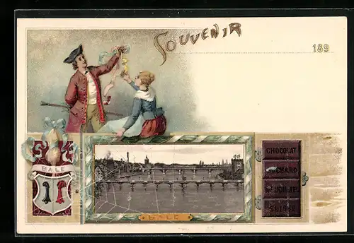 Lithographie Basel, Ortsansicht mit Brücke