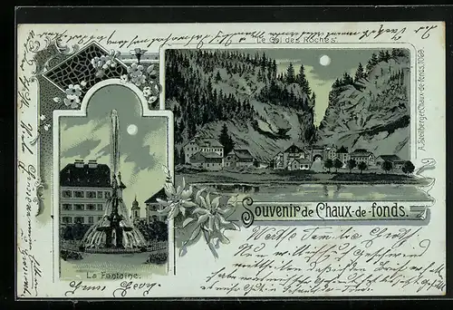 Lithographie La Chaux-de-Fonds, La Fontaine, Le col des Roches