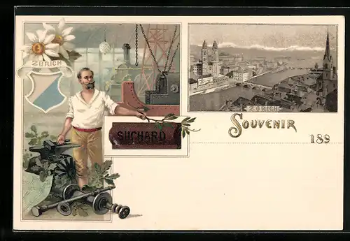 Lithographie Zürich, Teilansicht aus der Vogelschau, Arbeiter mit Amboss in Lokomotivenfabrik, Wappen