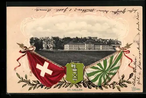 AK St. Gallen, Ansicht der Kaserne, Fahnen und Wappen