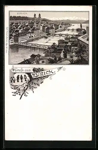 Lithographie Zürich, Ortsansicht aus der Vogelschau