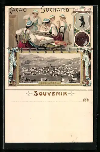 Lithographie Appenzell, Gesamtansicht, Weberinnen in Trachten, Wappen, Cacao Suchard