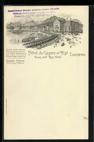 Lithographie Lucerne, Hôtel du Cygne et Rigi