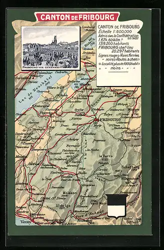 AK Fribourg, Ortsansicht, Landkarte des Kantons