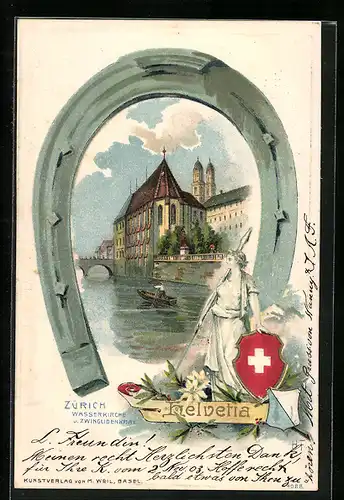 Passepartout-Lithographie Zürich, Wasserkirche und Zwinglidenkmal