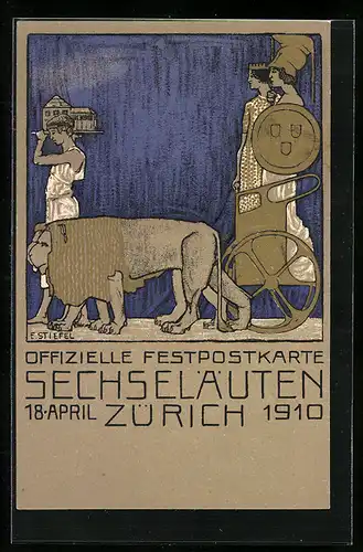 Lithographie Zürich, Festpostkarte Sechseläuten 1910, Antike Figuren mit Streitwagen und Löwe