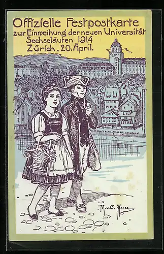 Künstler-AK Zürich, Festpostkarte zur Einweihung der neuen Universität, Sechseläuten 1914