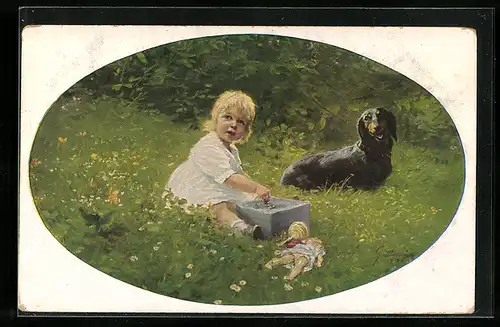 AK Dackel mit kleinem Mädchen und Puppe im Garten