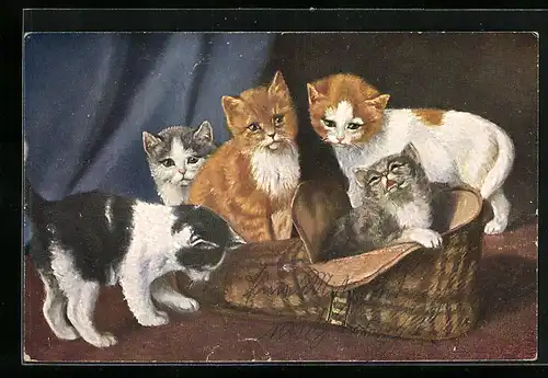 AK Katzenkinder mit einem Filzpantoffel