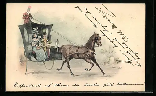 Lithographie Elegantes Paar in einer Pferdekutsche mit Kutscher