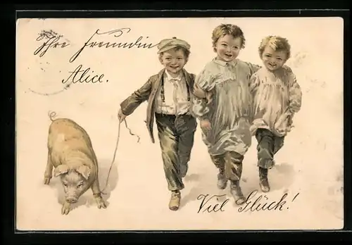 Lithographie Drei Knaben mit einem Schwein an der Leine
