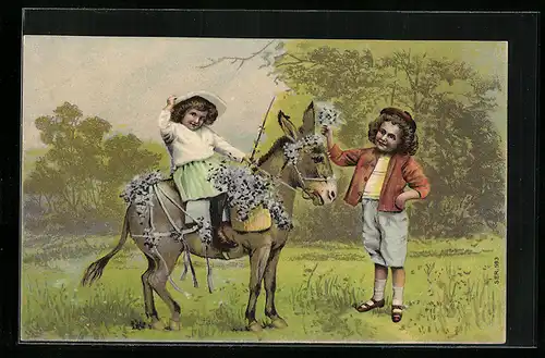Präge-AK Zwei Kinder mit Esel auf einer Wiese