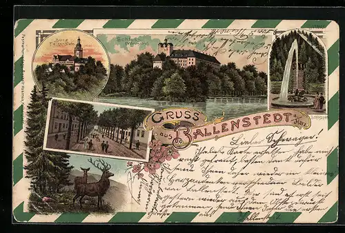 Lithographie Ballenstedt / Harz, Schloss von der Westseite, Burg Falkenstein im Dämmerungslicht, Schlosspark mit Fontaine