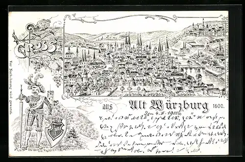 Lithographie Alt-Würzburg, Teilansicht, Ritter mit Wappen