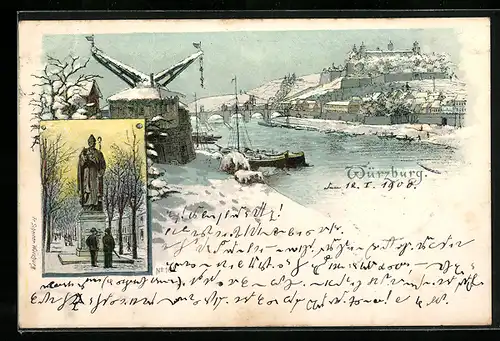 Winter-Lithographie Würzburg, Franz Scheiner-Katalog, Uferpartie mit Festung im Schnee, Denkmal