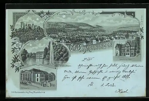 Mondschein-Lithographie Meiningen, Henneberger Haus, Schloss Landsberg, Grosses Palais