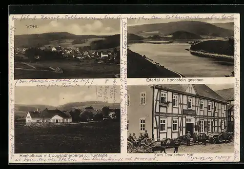 AK Vöhl am Edersee, Gasthaus Zum Deutschen Hof, Henkelhaus mit Jugendherberge u. Turnhalle, Edertal v. Hochstein gesehen