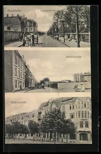 AK Neumünster, Louisenstrasse mit Kindern, Moltkestrasse, Victoriastrasse