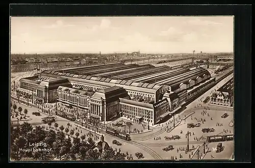 AK Leipzig, Hauptbahnhof aus der Vogelschau, Strassenbahn