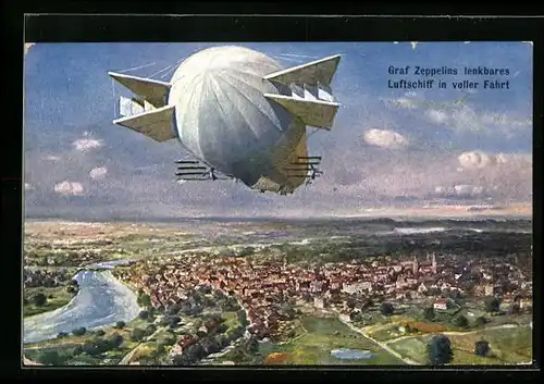 Künstler-AK Graf Zeppelins lenkbares Luftschiff in voller Fahrt