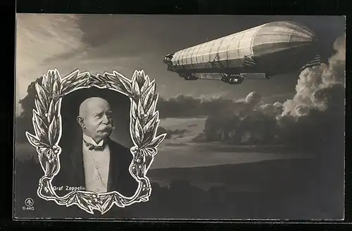 AK Graf Zeppelin im Portrait im Lorbeerkranz, Luftschiff im Himmel