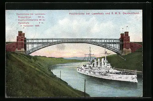 AK Kriegsschiff SMS Deutschland auf dem Kaiser Wilhelm-Kanal die Levensauer Hochbrücke passierend