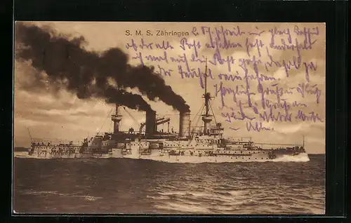 AK Kriegsschiff SMS Zähringen gibt Volldampf