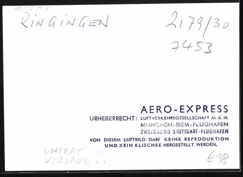 Fotografie Aero-Express, München, Ansicht Ringingen, Fliegeraufnahme der Ortschaft