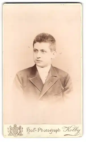 Fotografie J. F. Kolby, Zwickau i. S., Kaiser Wilhelm-Platz 31, Junger Herr im Anzug mit Krawatte