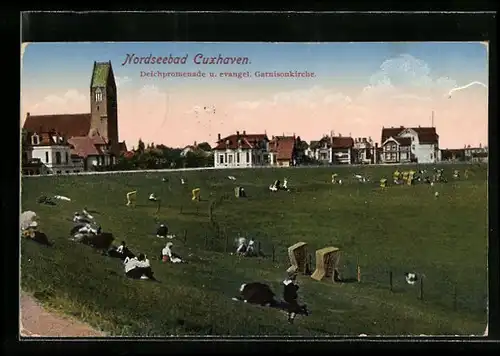 AK Cuxhaven /Nordsee, Deichpromenade und evangel. Garnisonkirche