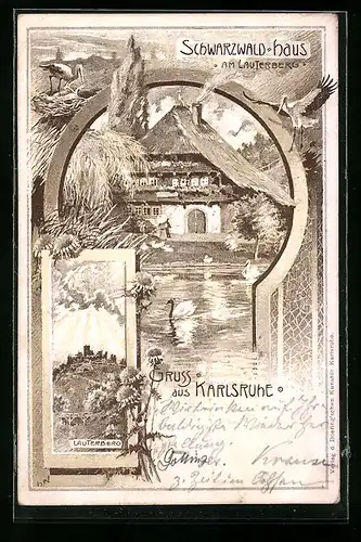 Lithographie Karlsruhe, Lauterberg und Schwarzwaldhaus