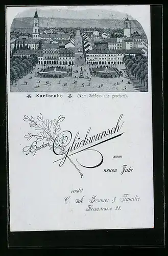 Lithographie Karlsruhe, Ortsansicht vom Schloss aus gesehen