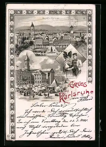 Lithographie Karlsruhe, Markt, Ortsansicht, Badische Volkstracht