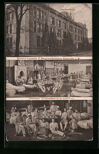 AK Karlsruhe, Baugewerkschule, Grosser Krankensaal, Die Verwundeten bei der Arbeit