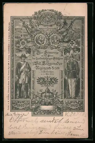 Künstler-AK Karlsruhe, Feier des 100jährigen Bestehens des 1. Bad. Leibgrenadier-Regts. No. 109